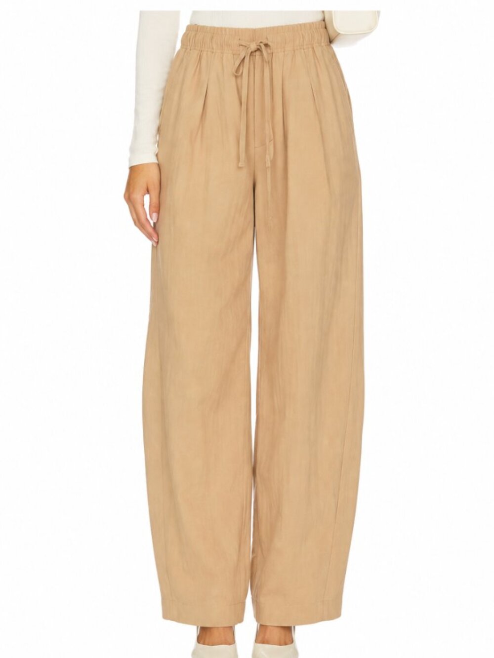 CAMILA COELHO‎ Tan Camel Rayon Wide Leg Tapered Barrel Trouser Pants Pockets L